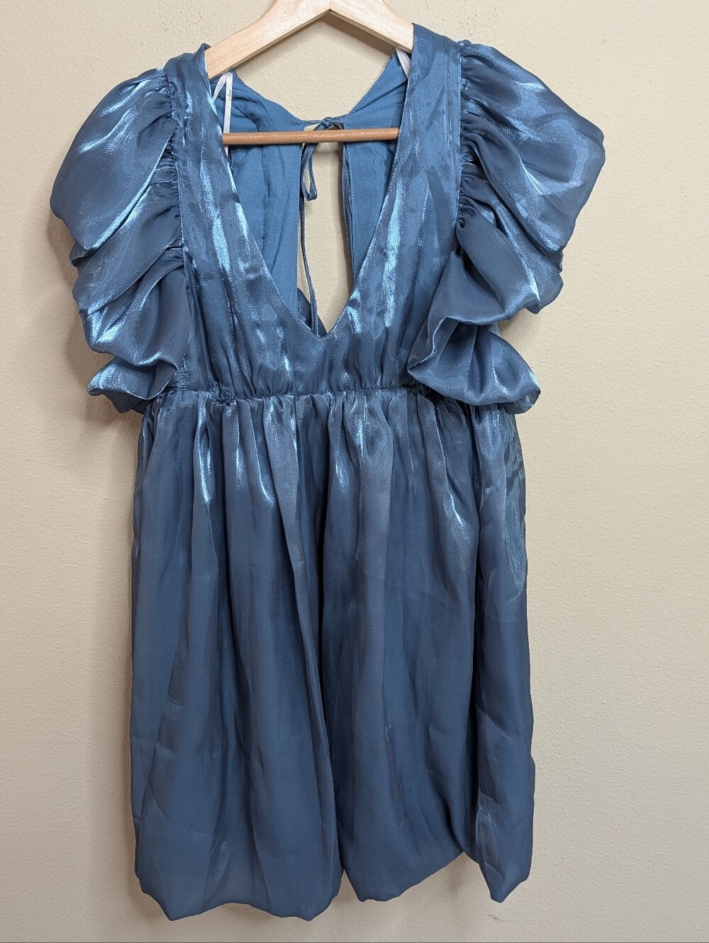 Lulus Blue Metallic Shimmer Puff Sleeve Mini Dress Coquette Girl Fairycore